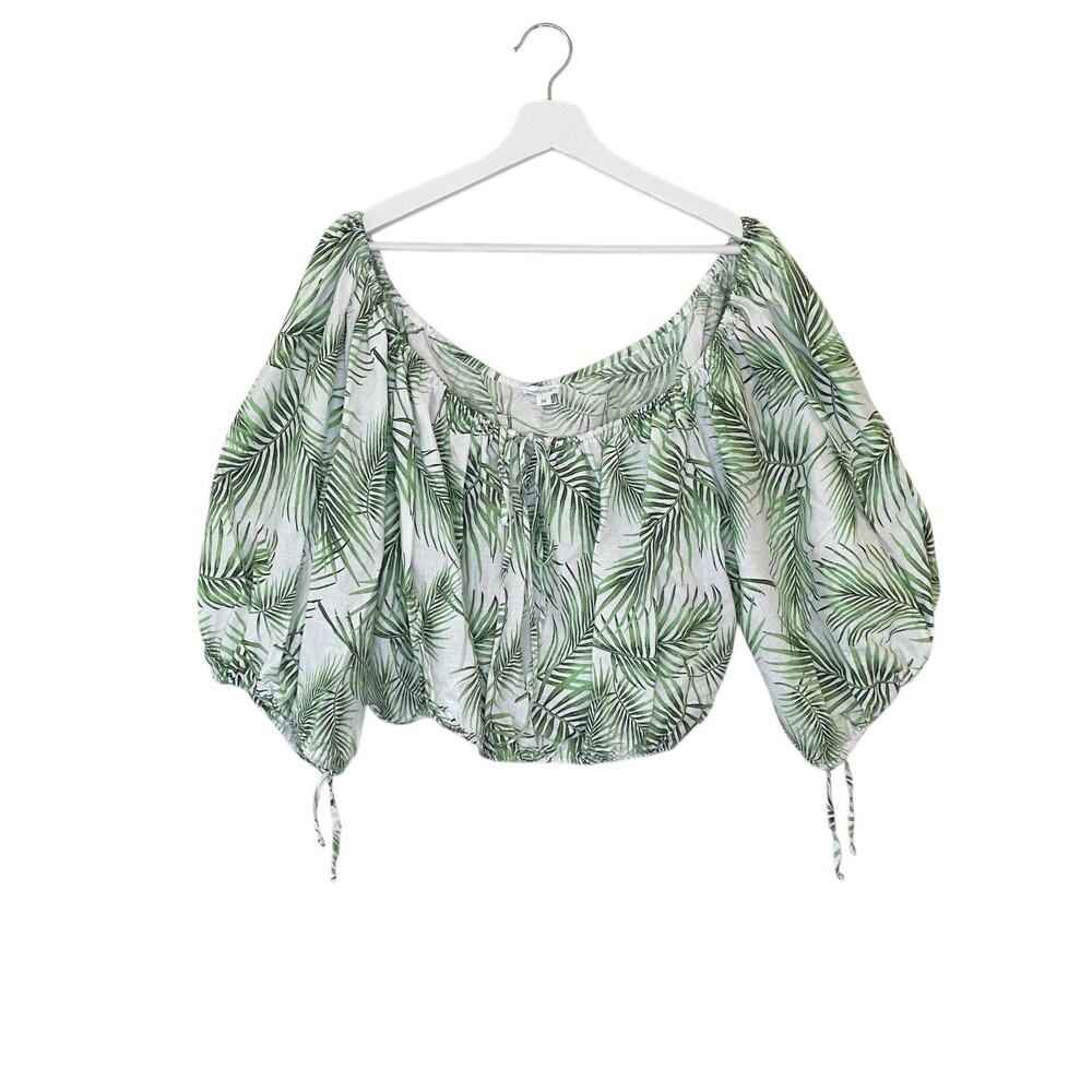 Sigrid Olsen Top Womens Medium linen puff sleeve crop top green peasant Coastal